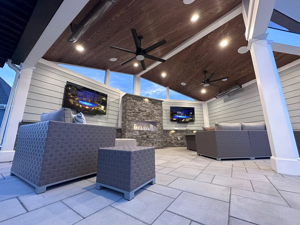 pool house with recessed lighting and two ceiling fans