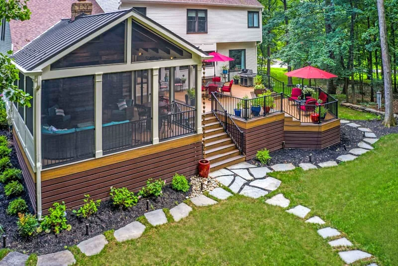 Screened-in porch exterior and surrounding landscaping in Northern VA
