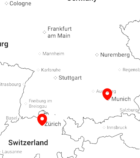Map showing parts of southern Germany and northern Switzerland with red location markers on Zurich and Munich.