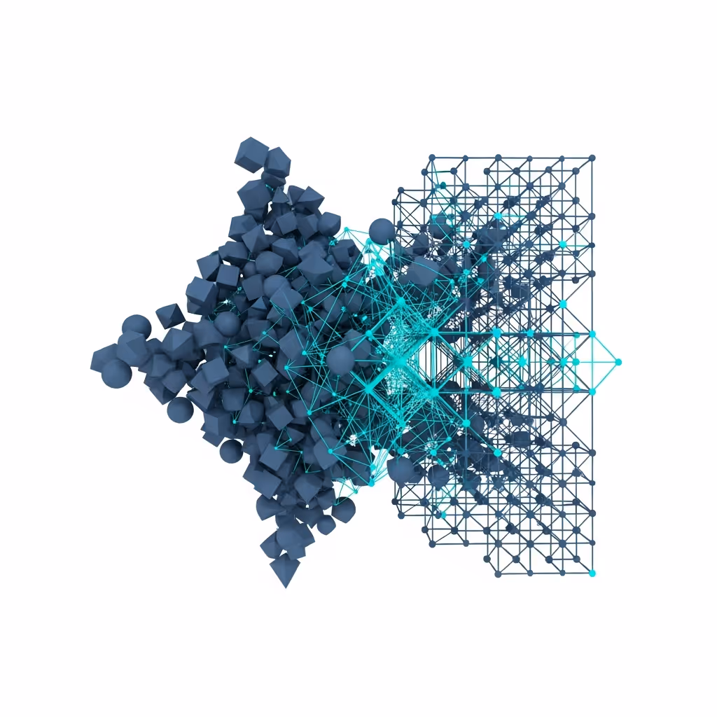 Abstract 3D visualization featuring dark blue geometric shapes and teal connected lines forming a complex data network.