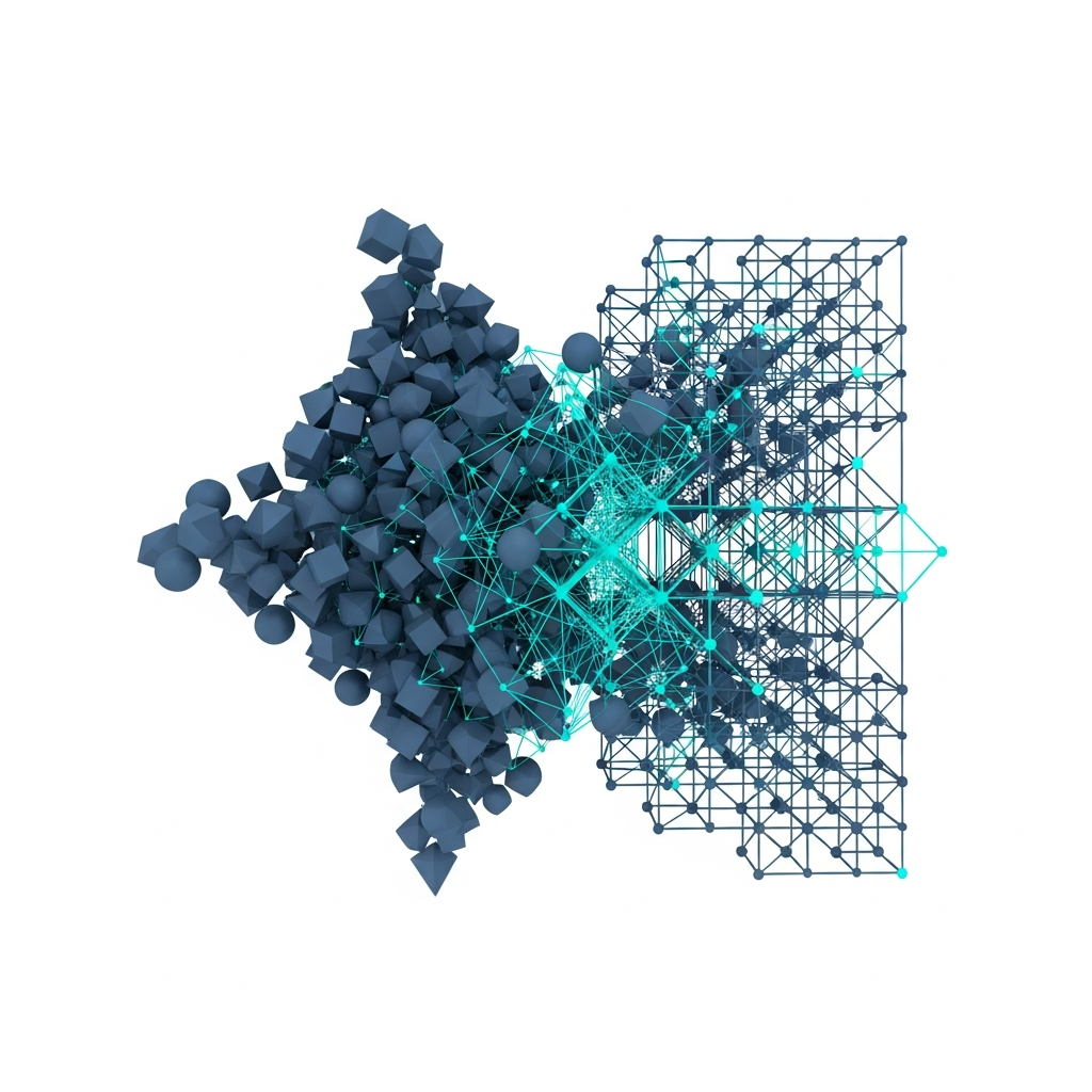 Abstract 3D visualization featuring dark blue geometric shapes and teal connected lines forming a complex data network.