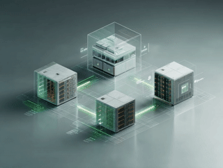 Four interconnected transparent server racks with glowing green data flow lines on a grey surface.