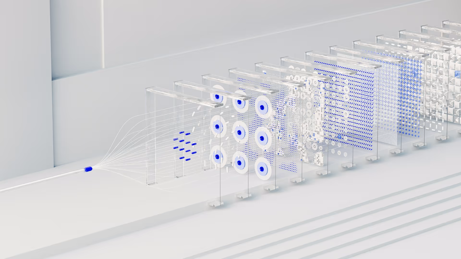 Abstract representation of layered digital neural network with interconnected transparent panels and blue data points.