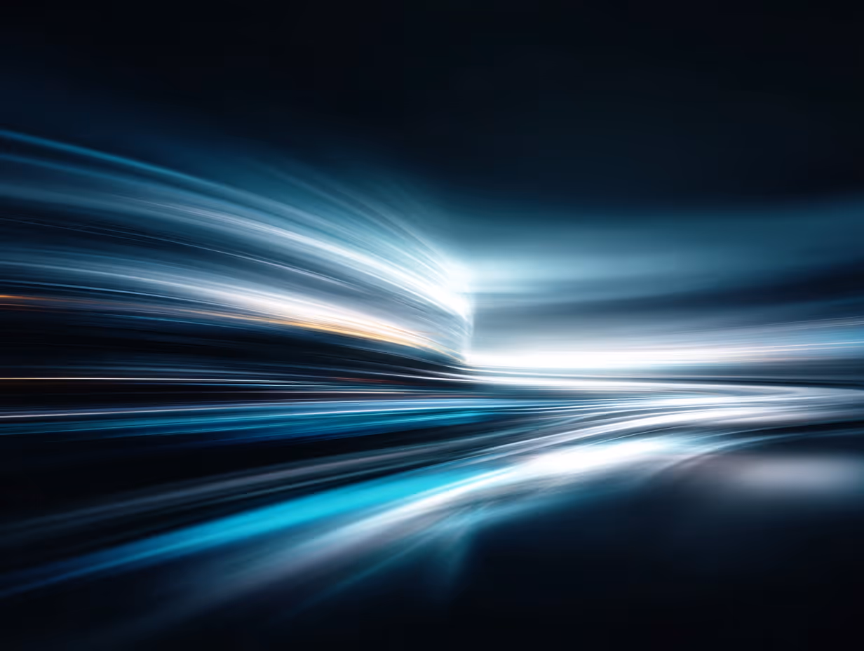 Abstract flowing lines with blue and white glowing dots on a dark background, resembling data streams or fiber optic cables.