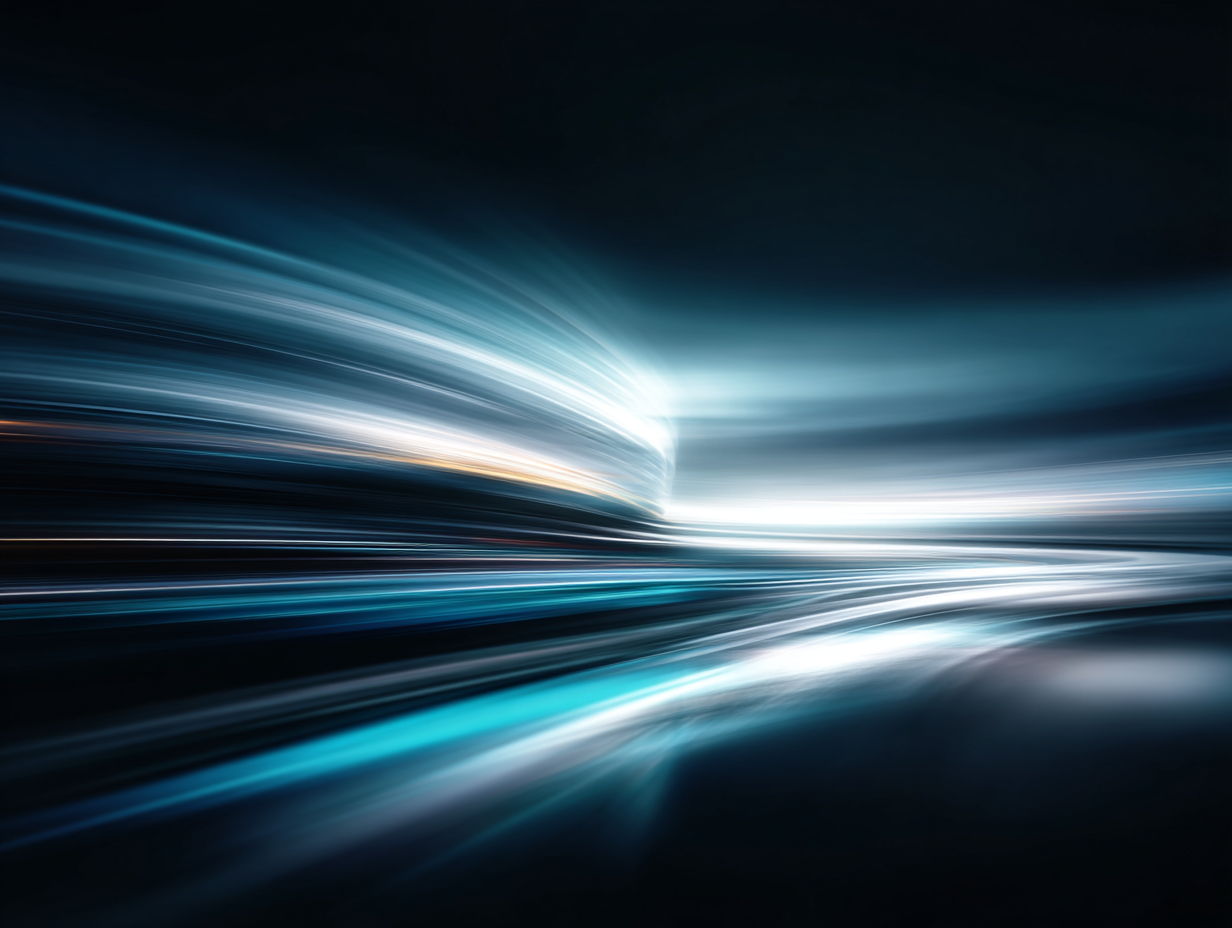 Abstract image of blue and white light streaks curving against a dark background, creating a sense of motion.