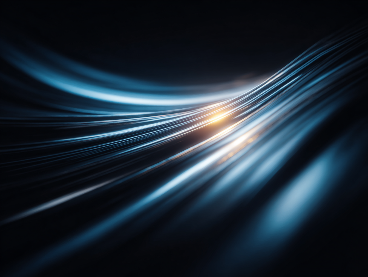 Abstract flowing blue light ribbons with a glowing orange highlight on a dark background.