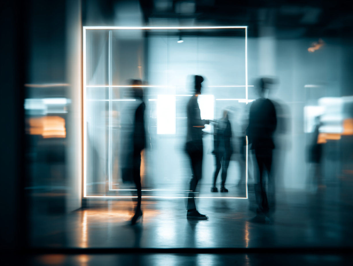 Blurred silhouettes of people standing and walking in a dimly lit modern space with glowing rectangular light frames.