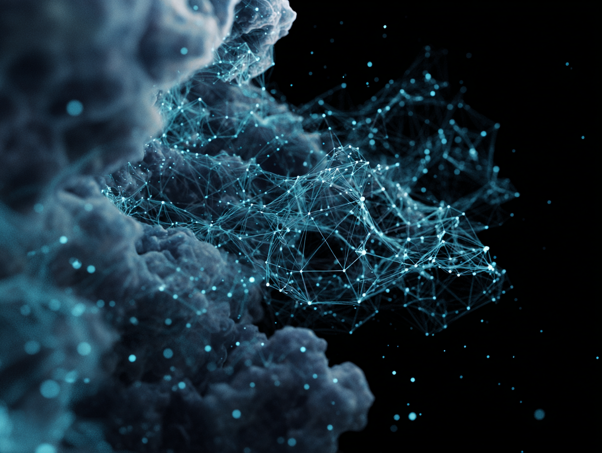 Abstract blue network of connected dots and lines emerging from a cloud-like form on a black background.