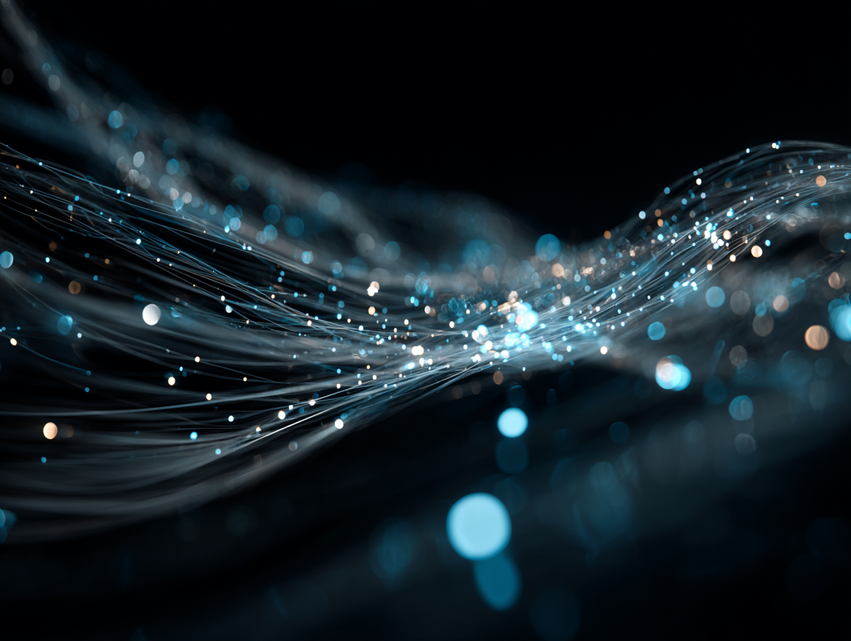 Abstract flowing lines with blue and white glowing dots on a dark background, resembling data streams or fiber optic cables.