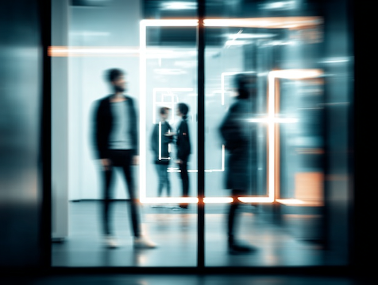 Blurry silhouettes of people standing and talking inside a modern office with illuminated rectangular light fixtures.