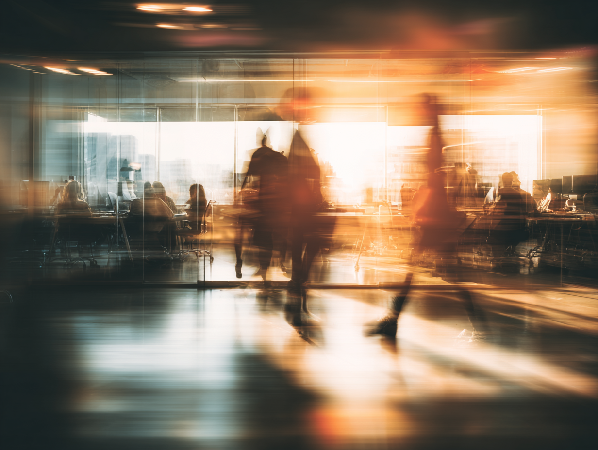 Blurred image of people walking and sitting inside a sunlit modern office with glass walls.