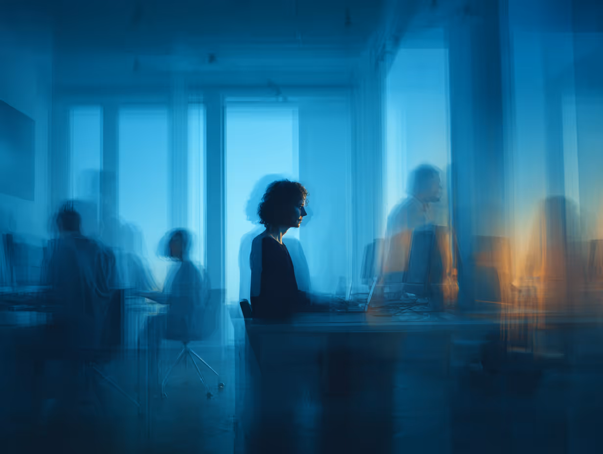 Blurred image of people working on computers in an office with large windows showing a blue ambient light.