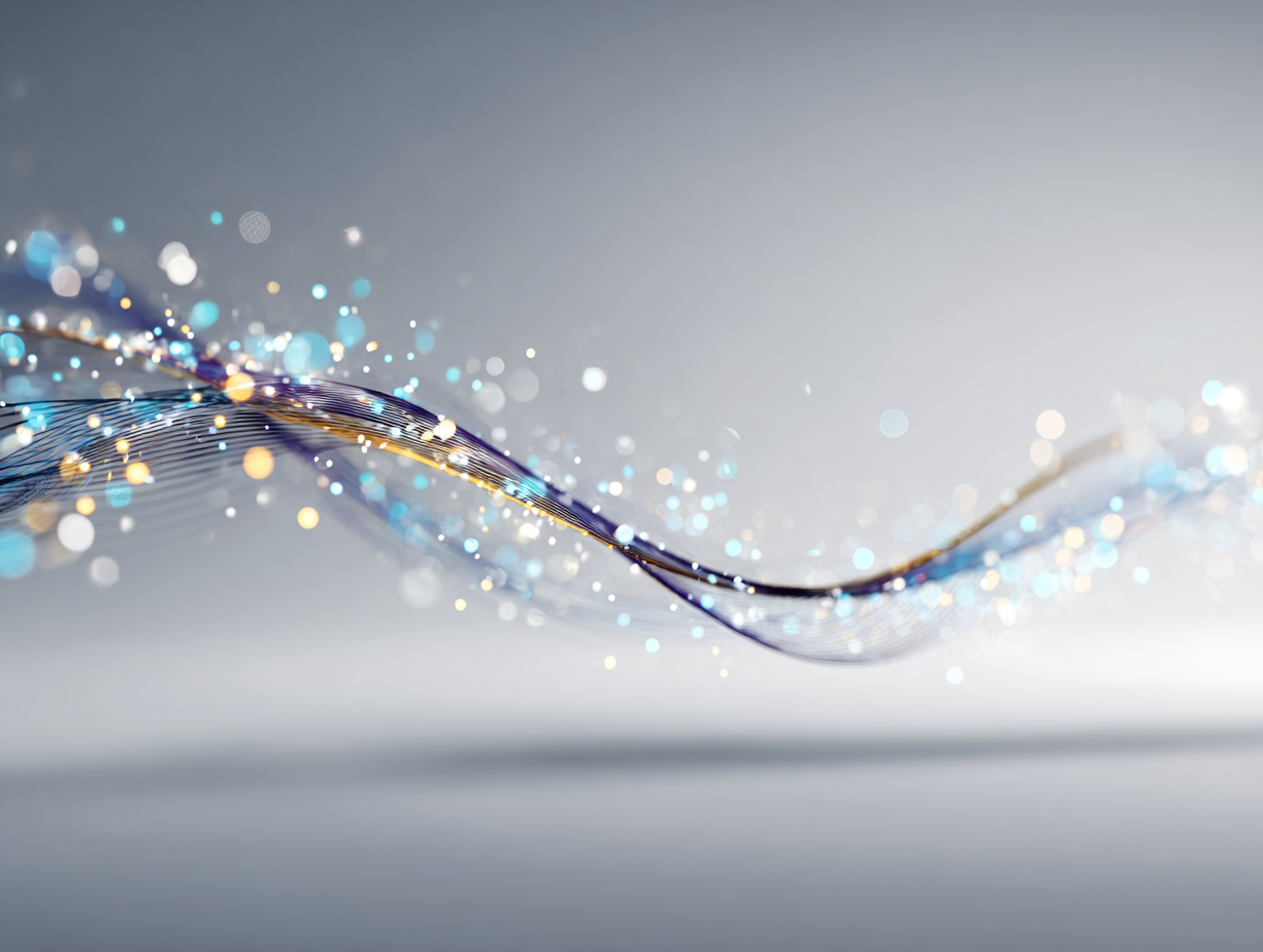Abstract wavy ribbon with glowing blue and gold light particles on a soft gray background.