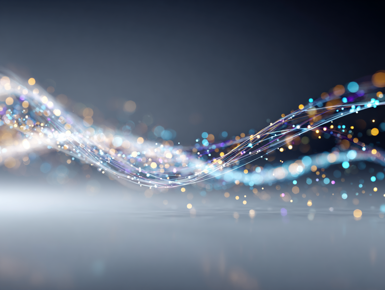 Abstract flowing wave of glowing particles and light trails in blue, orange, and purple on a dark gradient background.