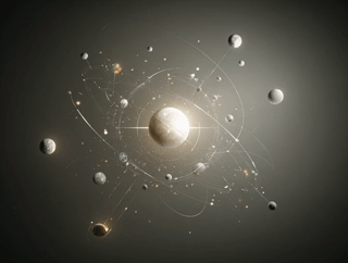 Artistic depiction of a glowing central sphere with multiple smaller spheres orbiting it along curved paths against a dark background.