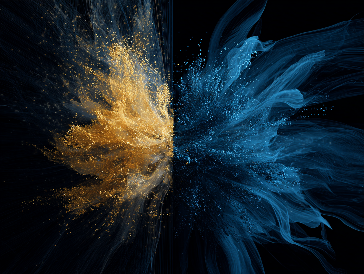 Orange and blue particle clouds swirling and flowing outward against a black background.