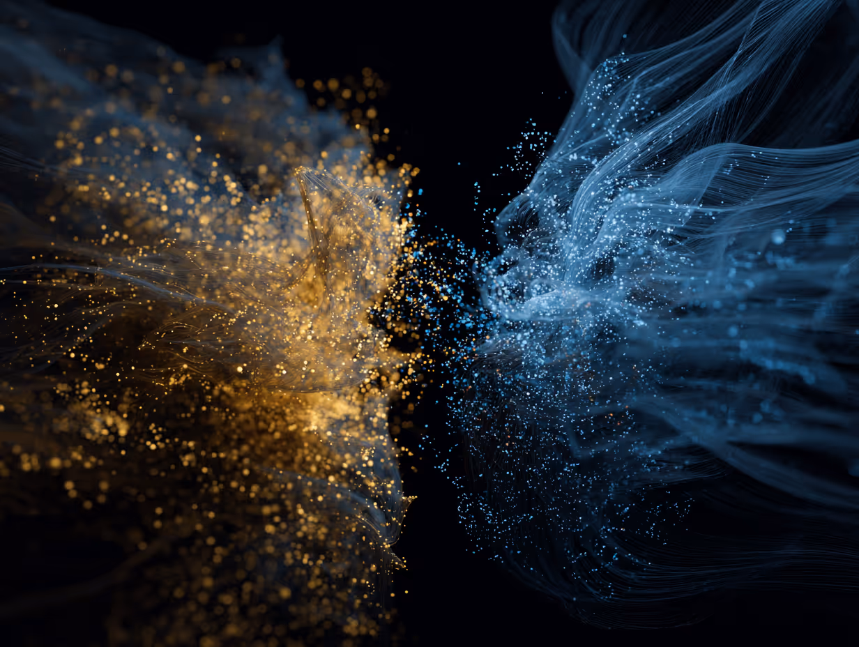 Abstract flowing lines with blue and white glowing dots on a dark background, resembling data streams or fiber optic cables.