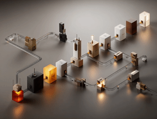 Abstract mechanical setup with interconnected cubic blocks and tubes, some blocks glowing with warm light.