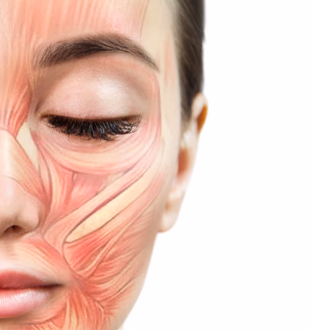 Close-up of a woman's face showing detailed facial muscle anatomy on the left side with eyes closed.