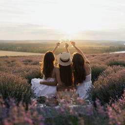 Three women sitting in a lavender field at sunset, raising glasses in a toast.