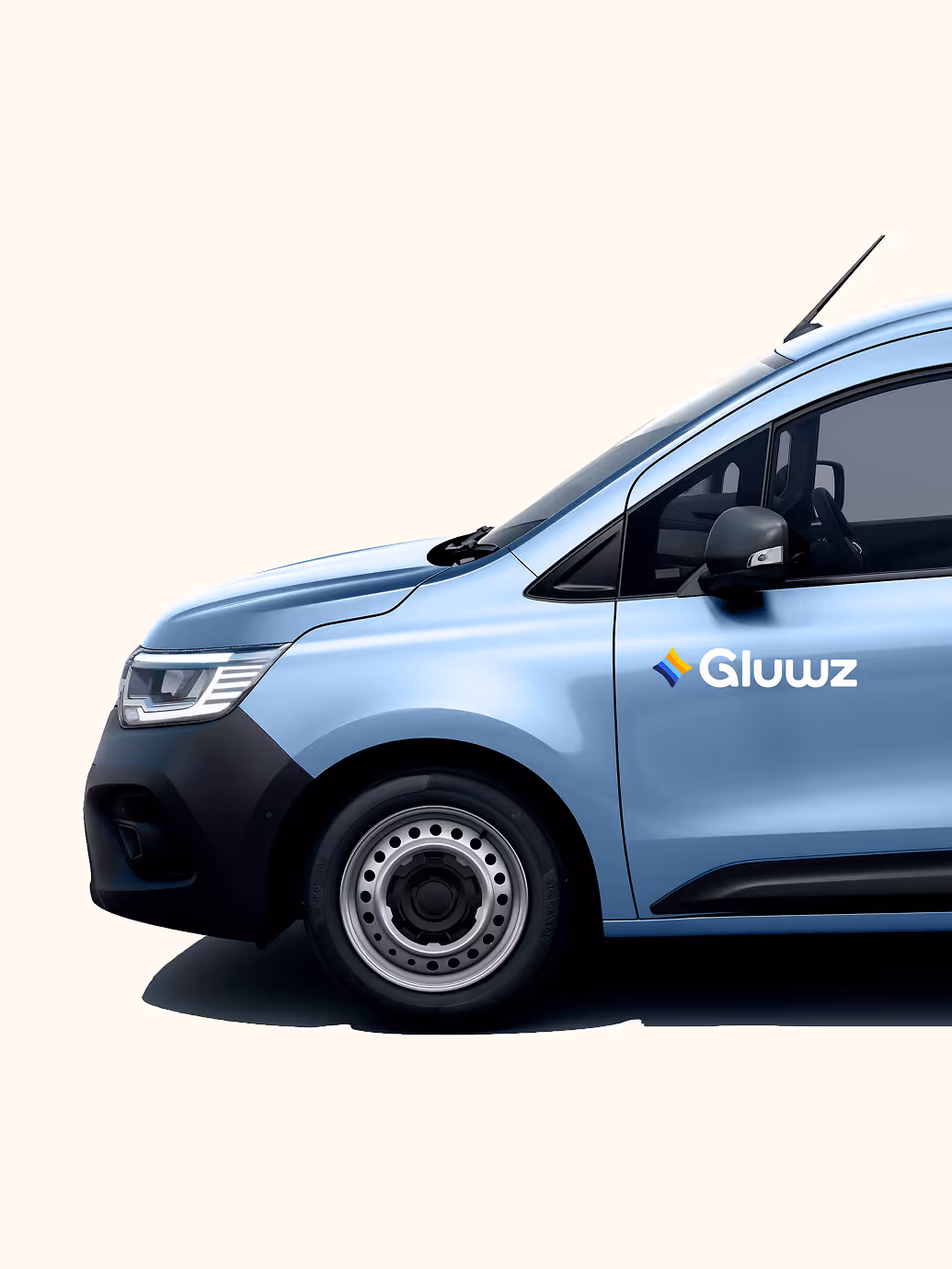 Side view of a light blue delivery van with the Gluwz logo on the front door.