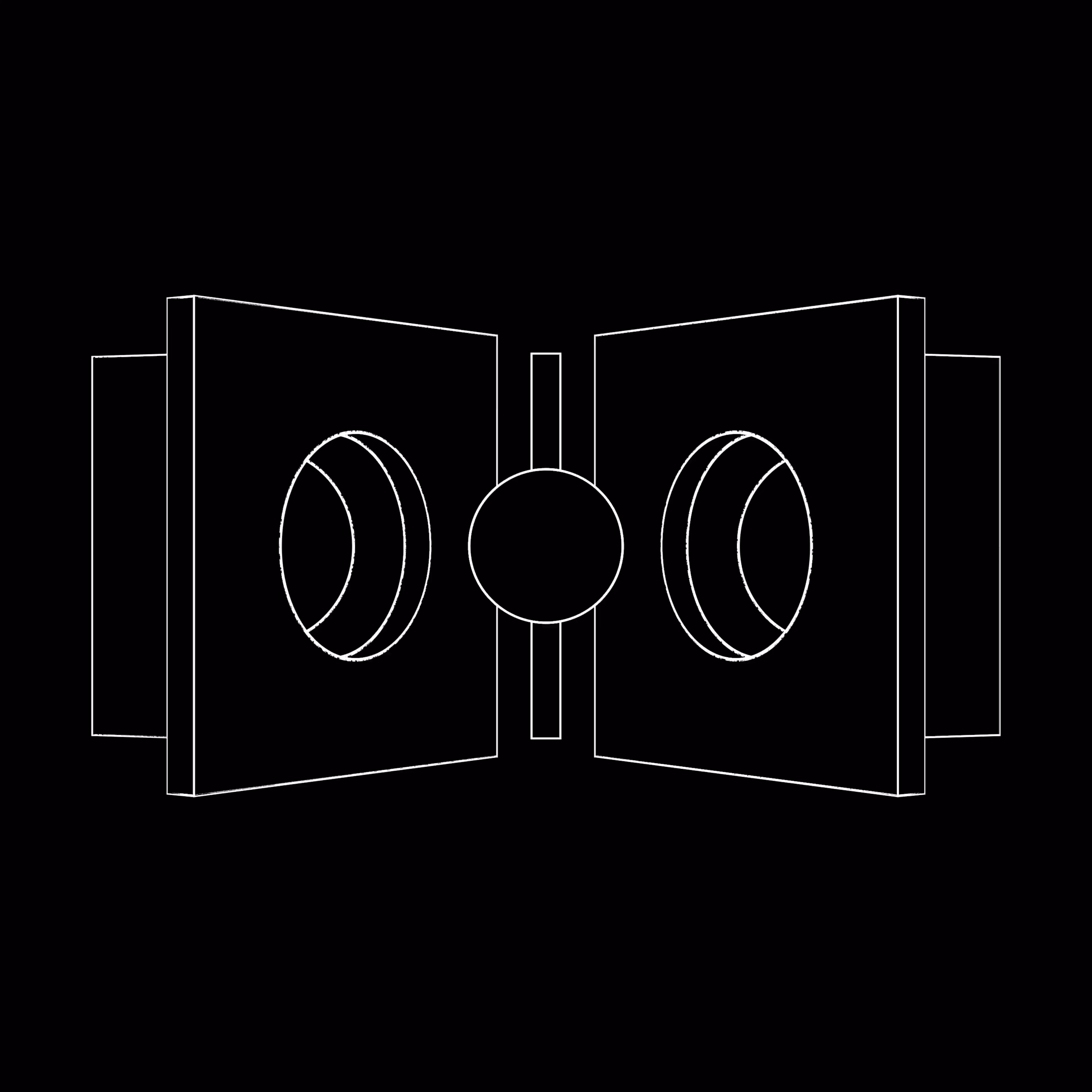 White wireframe 3D model of interconnected cube and sphere shapes on a black background.