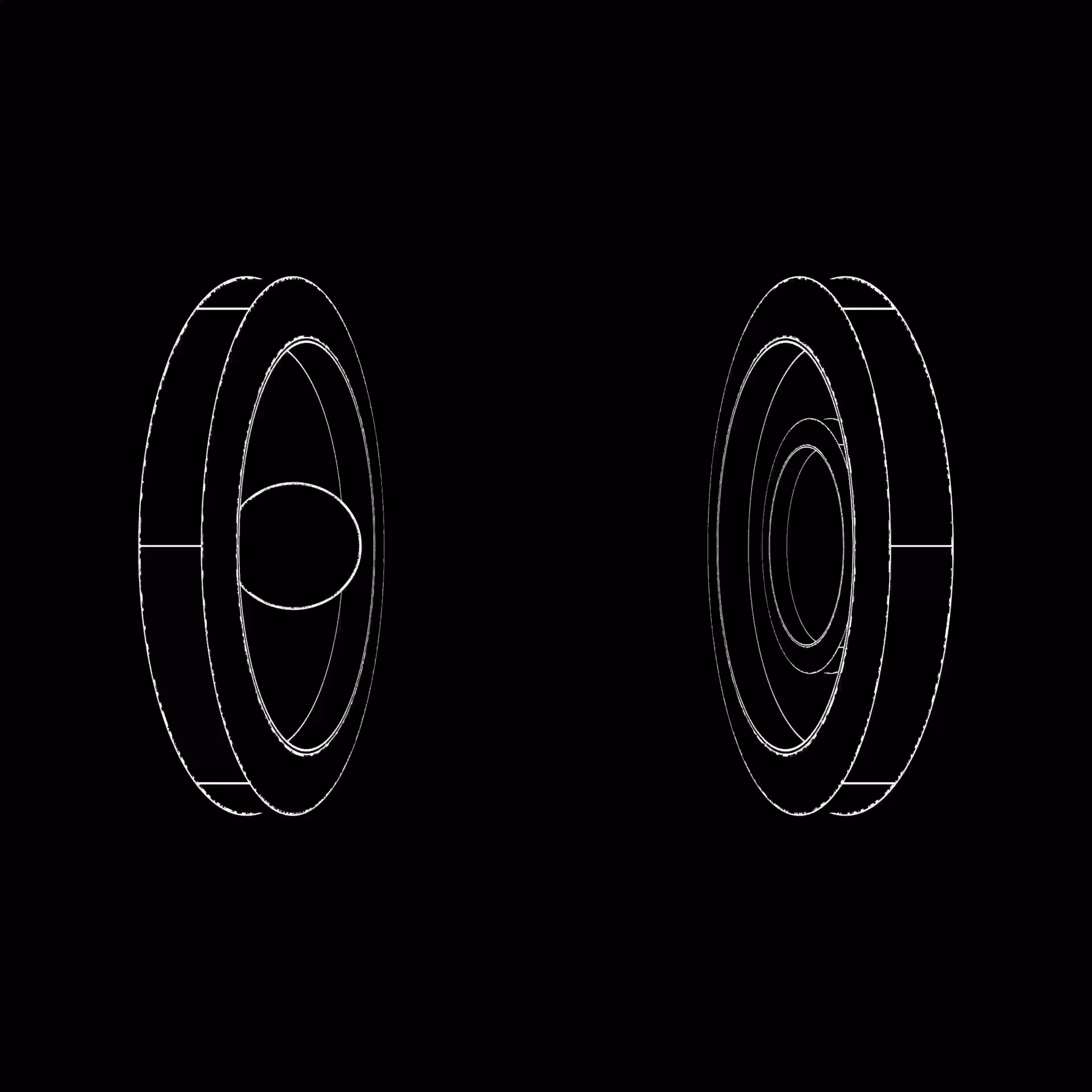 White wireframe 3D model of interconnected cube and sphere shapes on a black background.