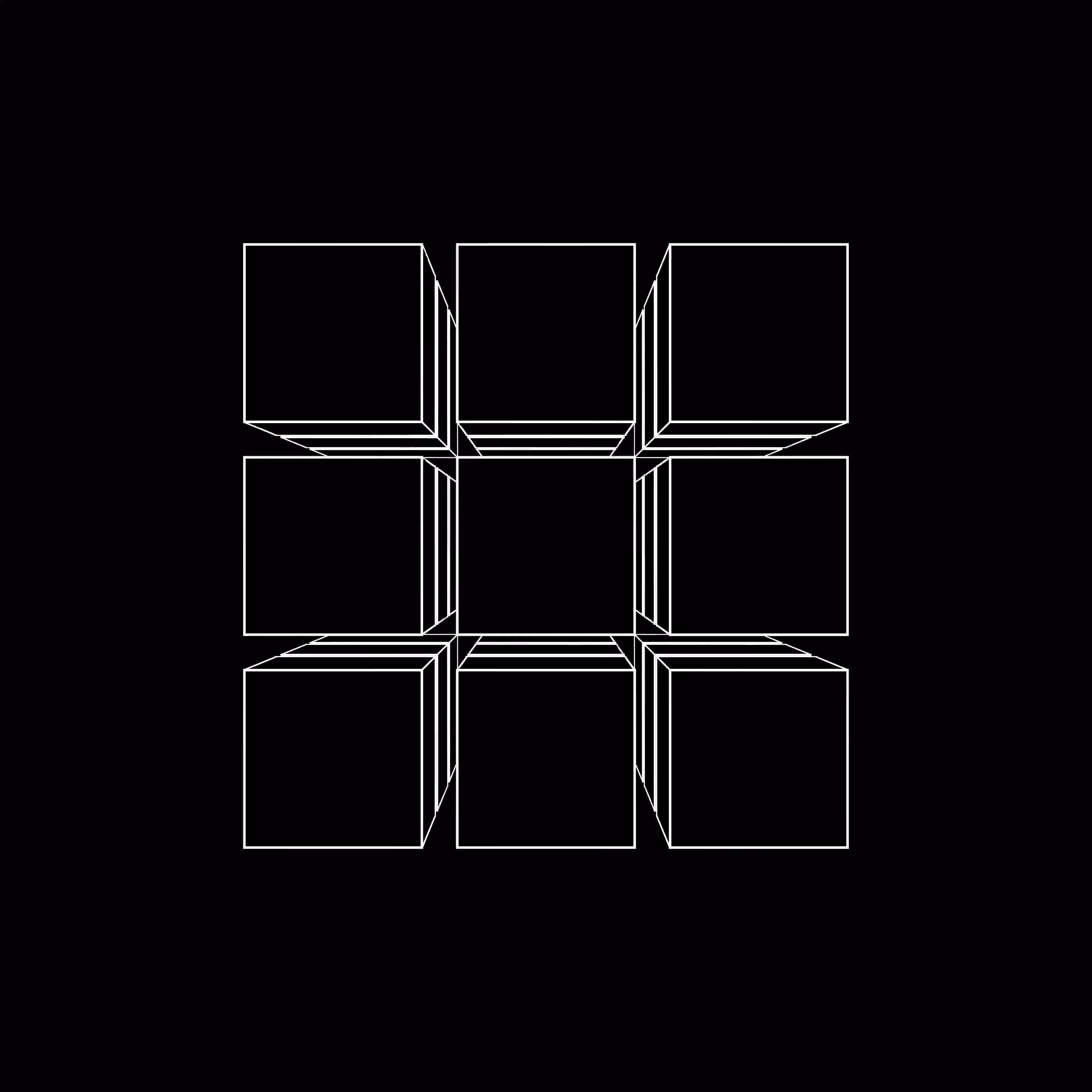 White wireframe 3D model of interconnected cube and sphere shapes on a black background.