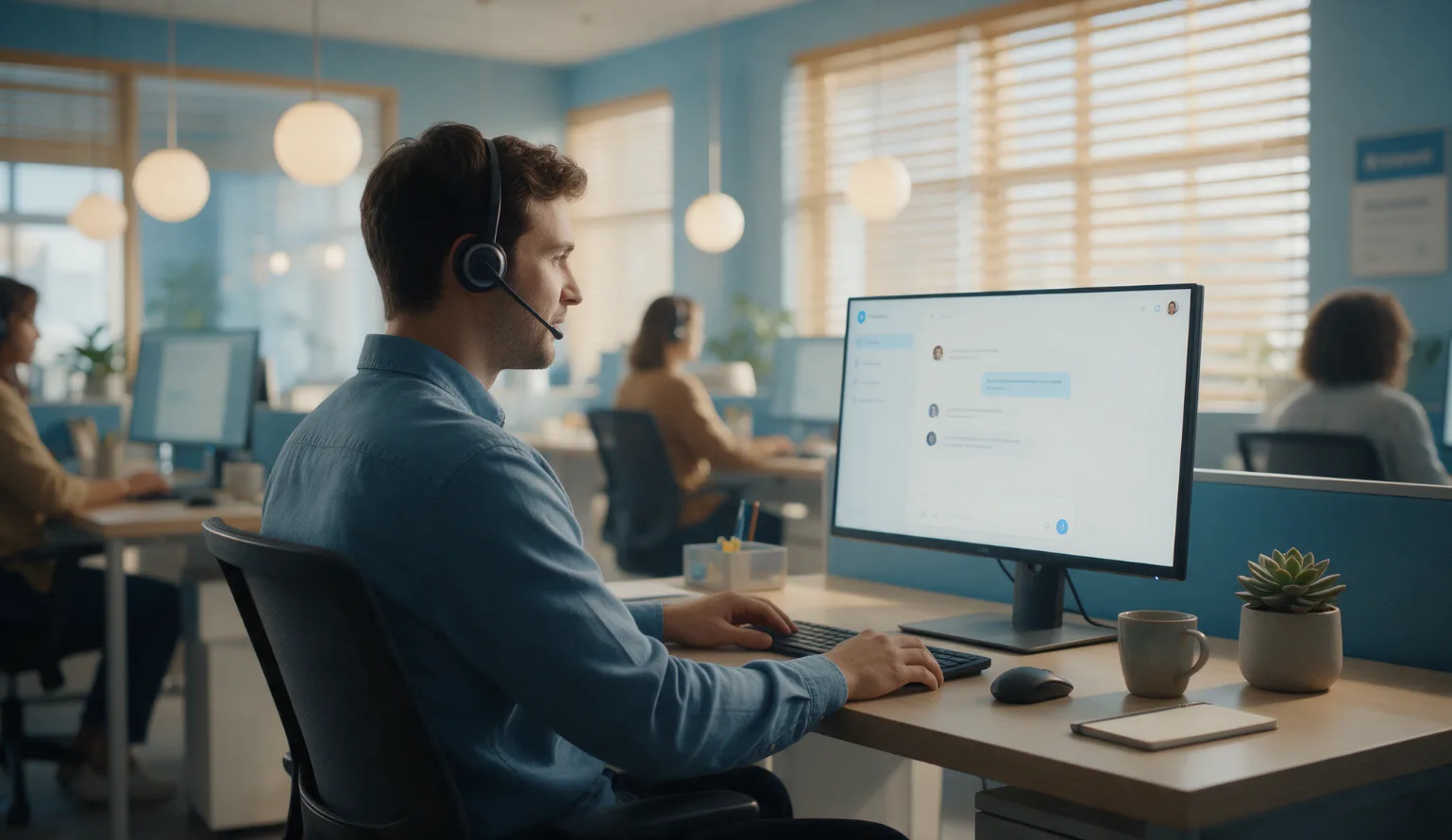 Customer support agent with a headset working beside a screen showing an AI chat assistant