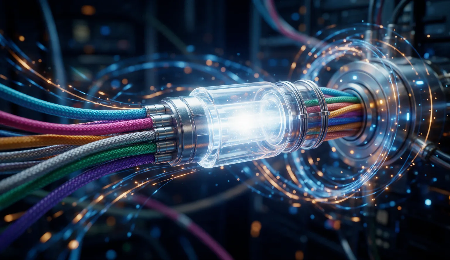 Glowing glass connector linking many colorful data cables into one hub