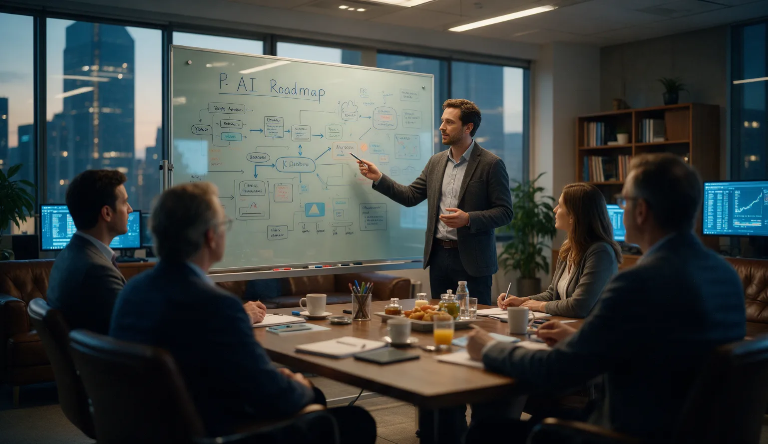 Consultant presenting an AI roadmap on a glass whiteboard to executives