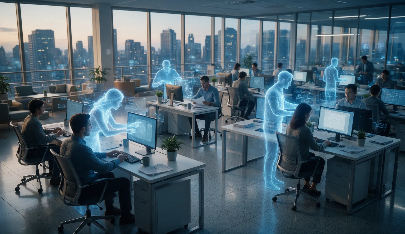 Office where holographic AI assistant figures work alongside people at desks