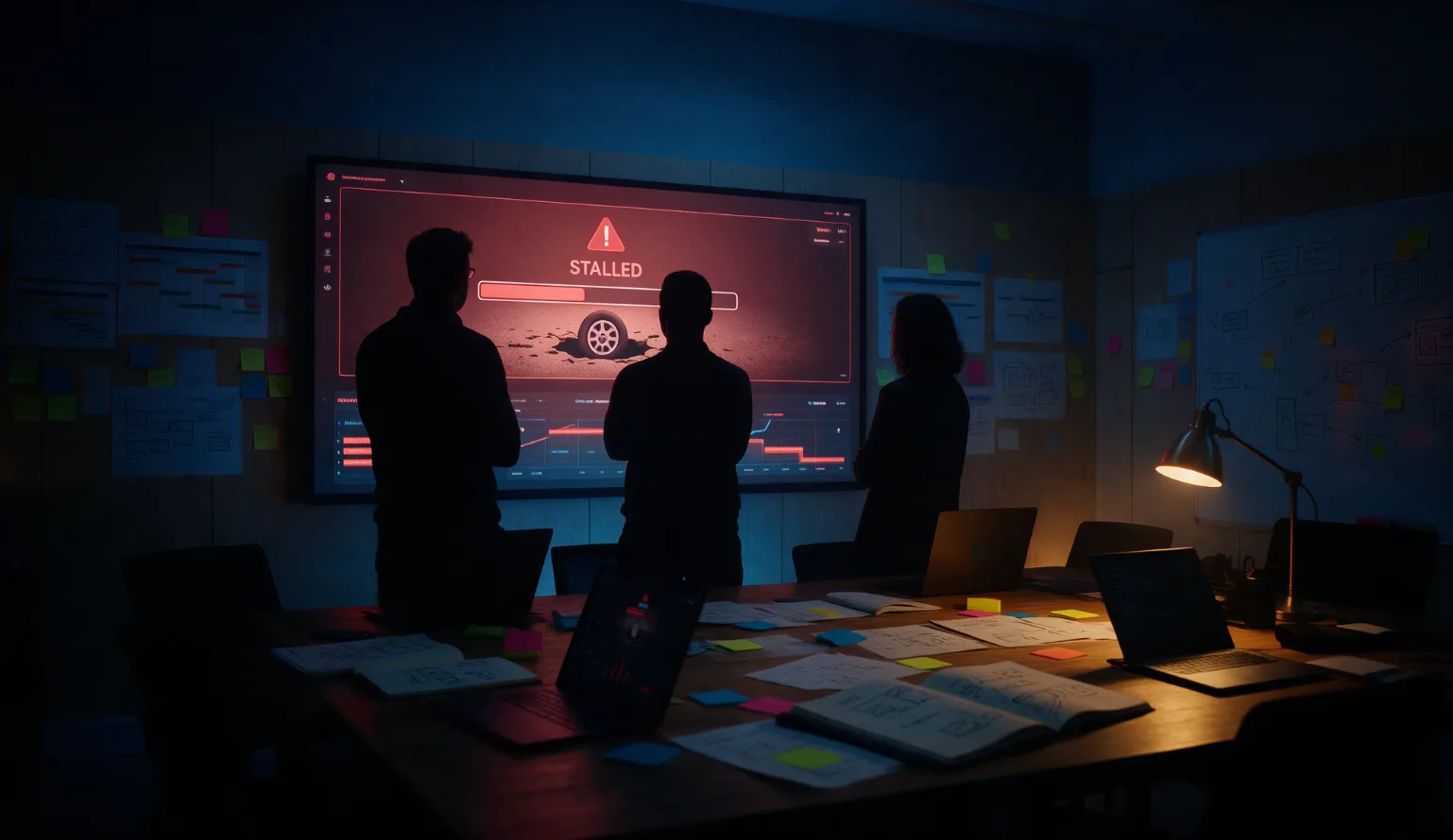 Team in a dark war room looking at a stalled project dashboard on a wall screen