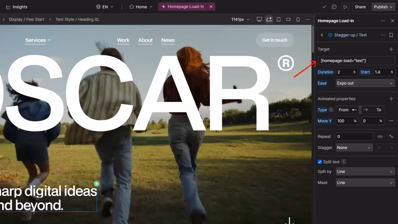 Screenshot of a webpage editor showing a large white 'SCAR®' text overlay on a background of three people running on grass, with menu items and animation settings visible.