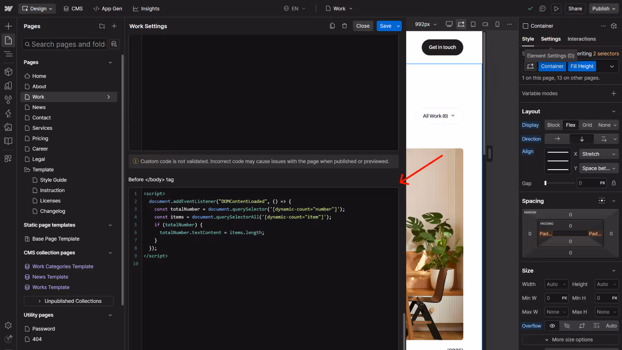 Web design interface showing a code editor with a JavaScript snippet adding a dynamic item count and a webpage preview with a plant and chair.