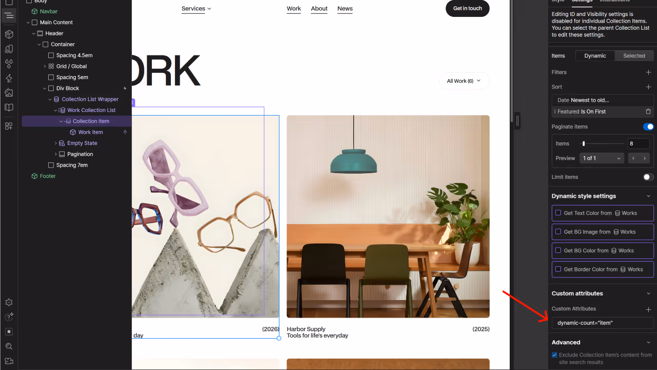 Website work portfolio showing images of eyeglasses on stone blocks and a wood table with chairs and plants.