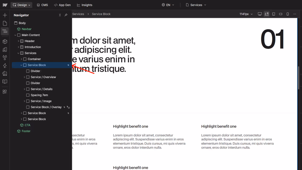Web design software interface showing a Navigator panel with a Service Block selected and a webpage layout preview with text and the large number 01.