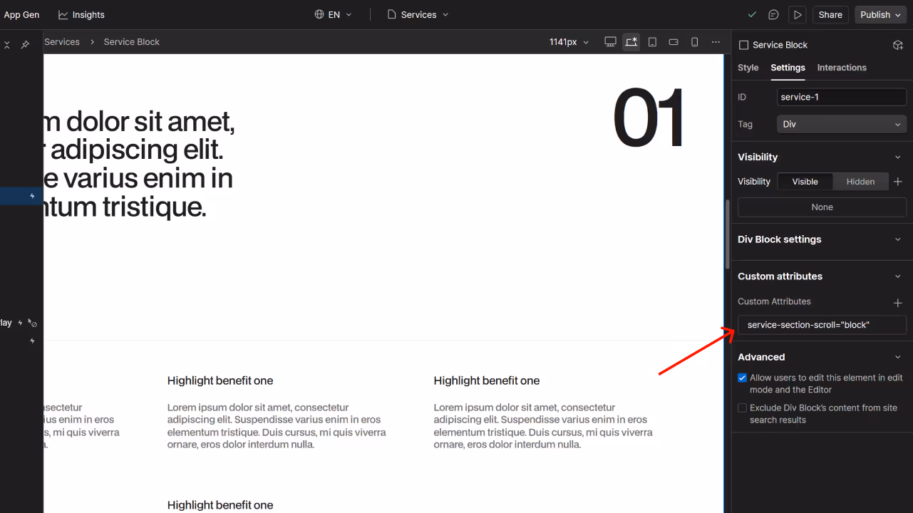 Web design interface showing a service block section with placeholder text and a large number 01 on a white background.