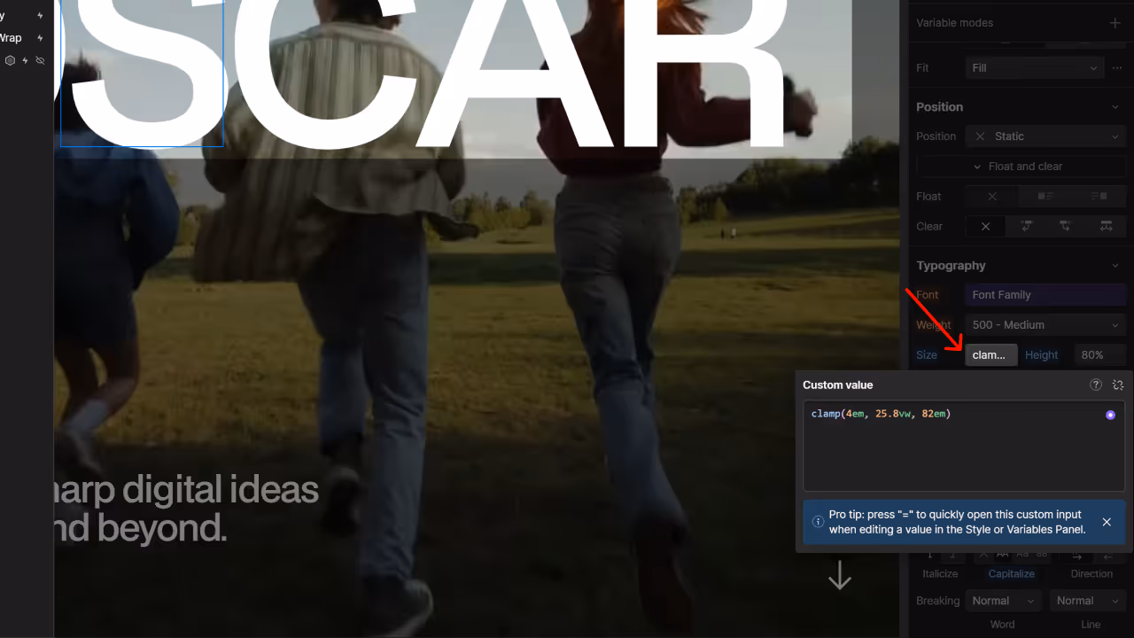 Two people running outdoors on grass with large white text behind them and a visible web design interface including font size adjustment settings.