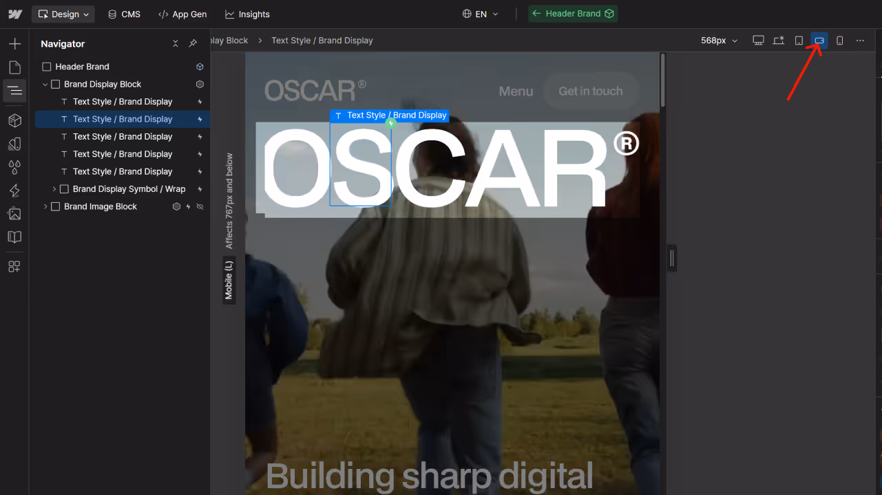 Screenshot of a web design interface showing a mobile view with the brand name OSCAR in large white text over a blurred background of people walking in a grassy field.