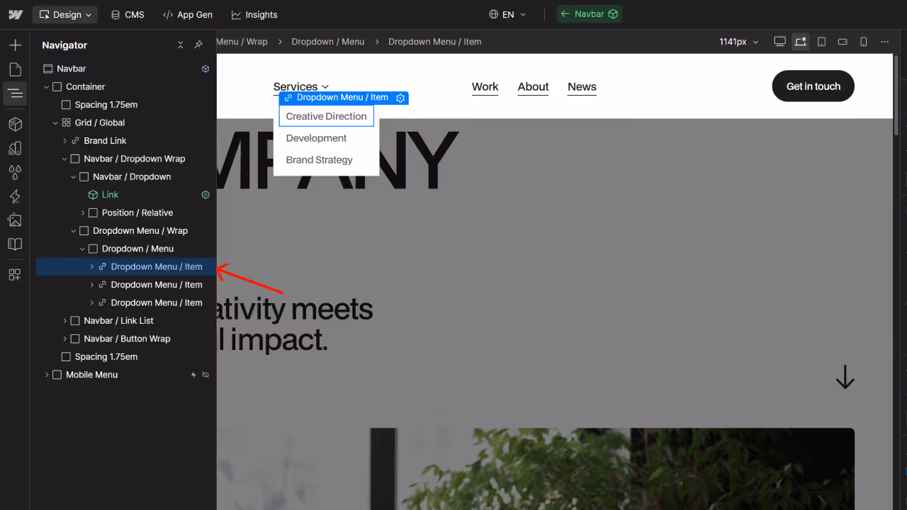 Webflow Designer interface showing navigator panel with Navbar structure and a dropdown menu for Services expanded with options: Creative Direction, Development, Brand Strategy.