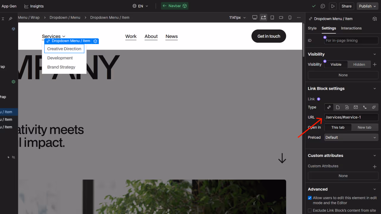 Website navigation bar with dropdown menu under Services showing options Creative Direction, Development, and Brand Strategy.