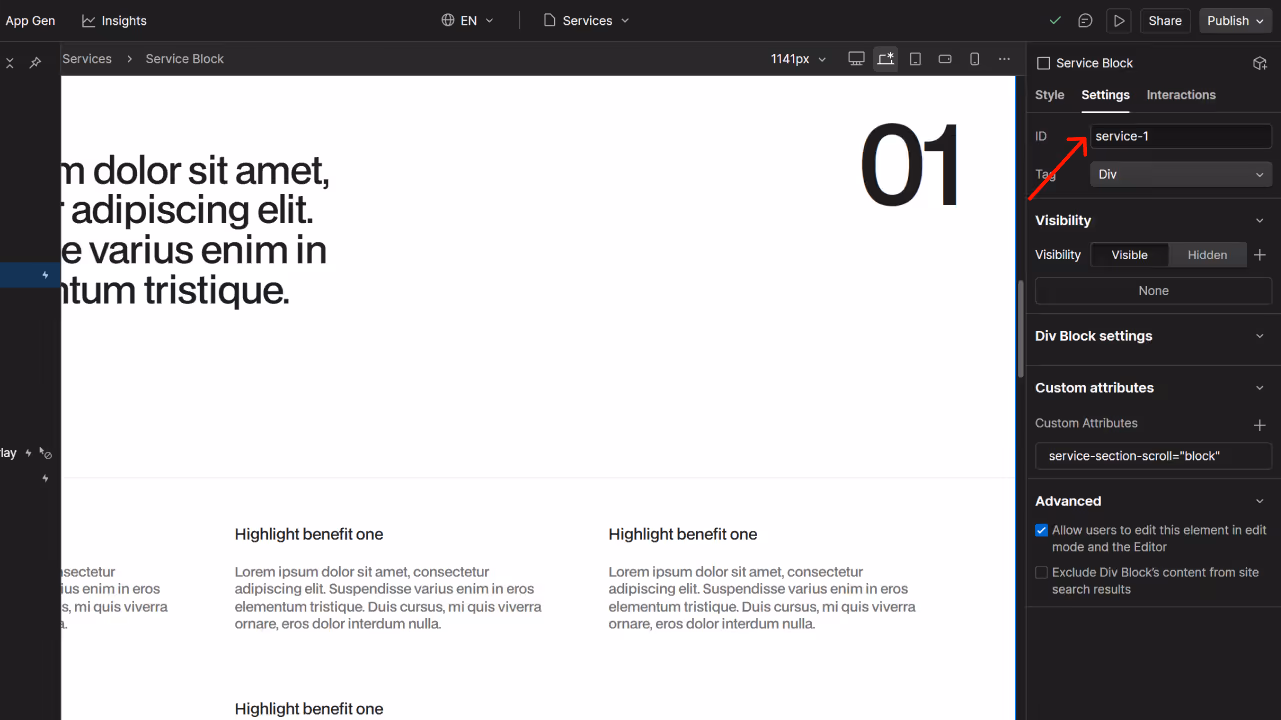 Web design editor interface showing a service block section with placeholder text and an ID field 'service-1' highlighted in settings panel.
