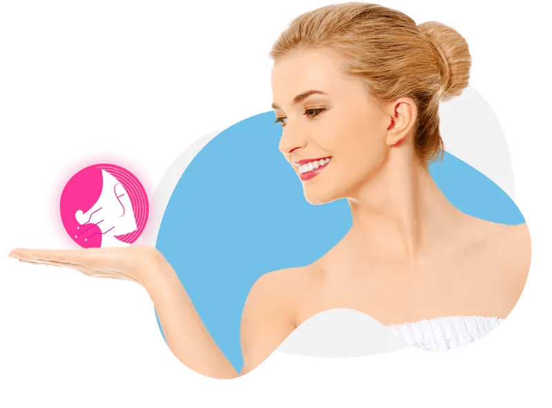 woman smiling while holding faceage logo