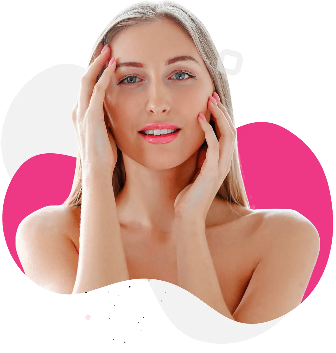 blonde woman touching her face