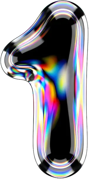 Glossy black number one with colorful iridescent reflections.