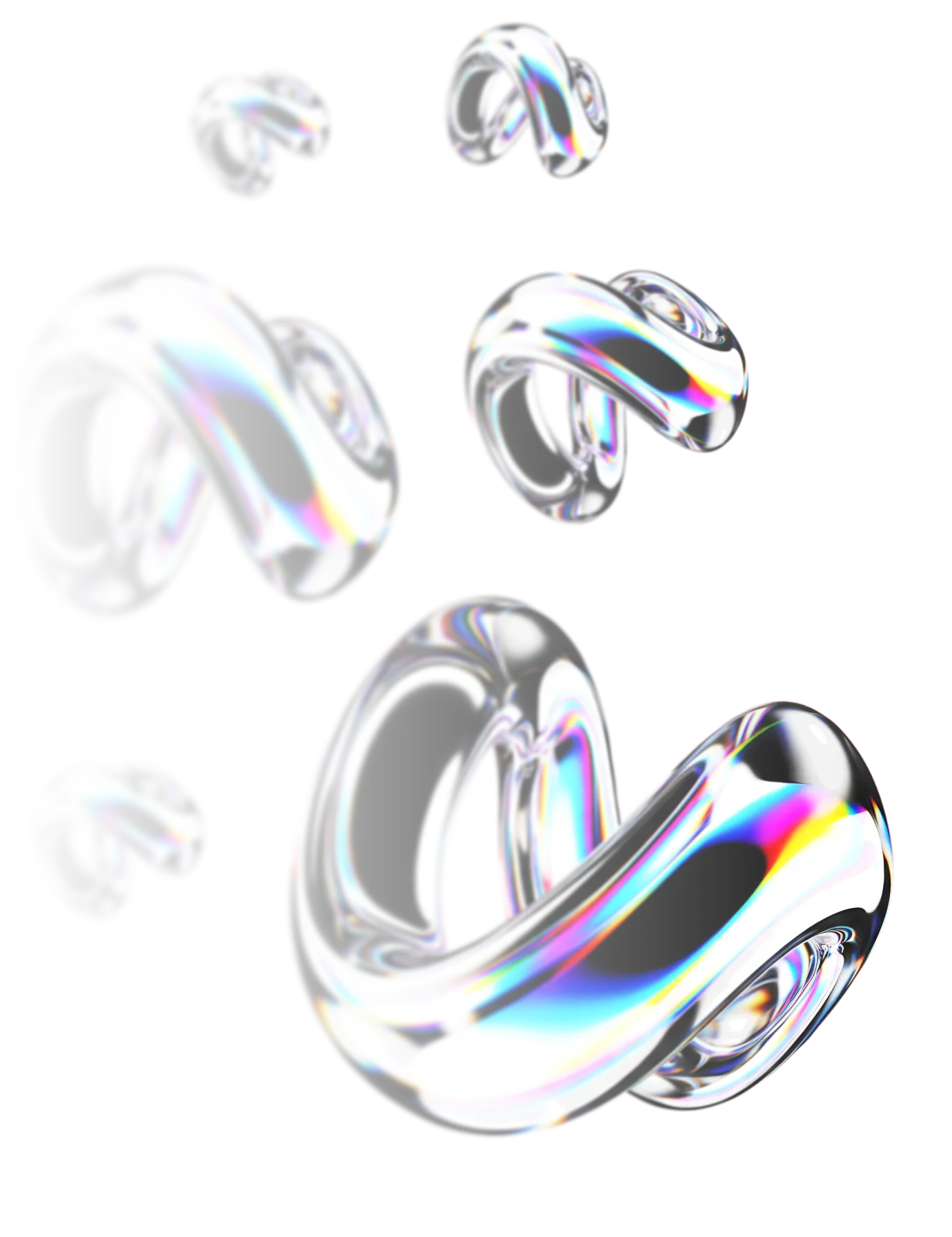 Several shiny, abstract, metallic loop shapes with rainbow reflections on a transparent background.