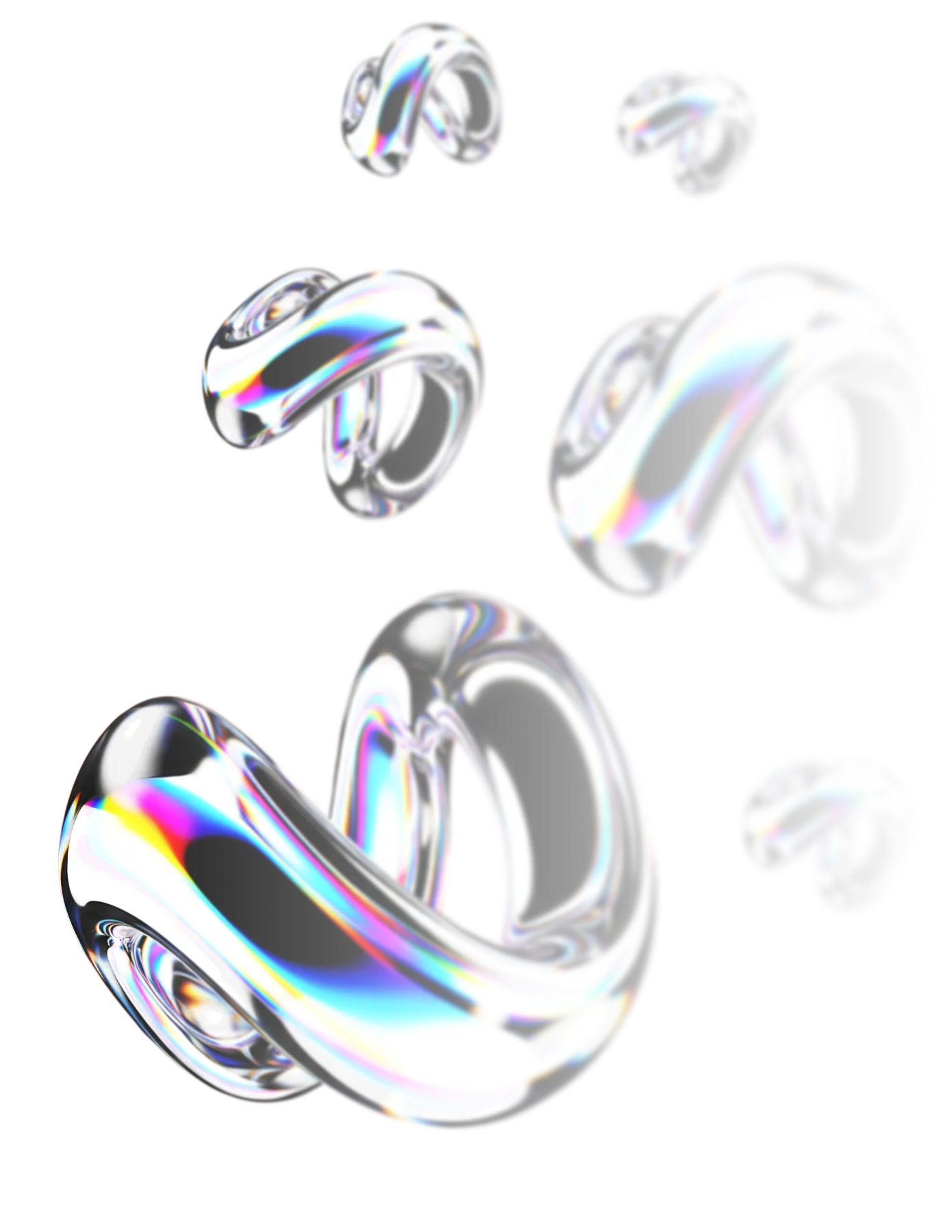 Cluster of shiny, reflective, abstract 3D twisted torus shapes with rainbow-like color reflections on a black background.