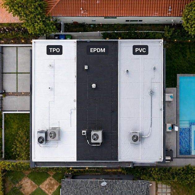 Comparison of TPO EPDM and PVC flat roofing systems on a commercial roof