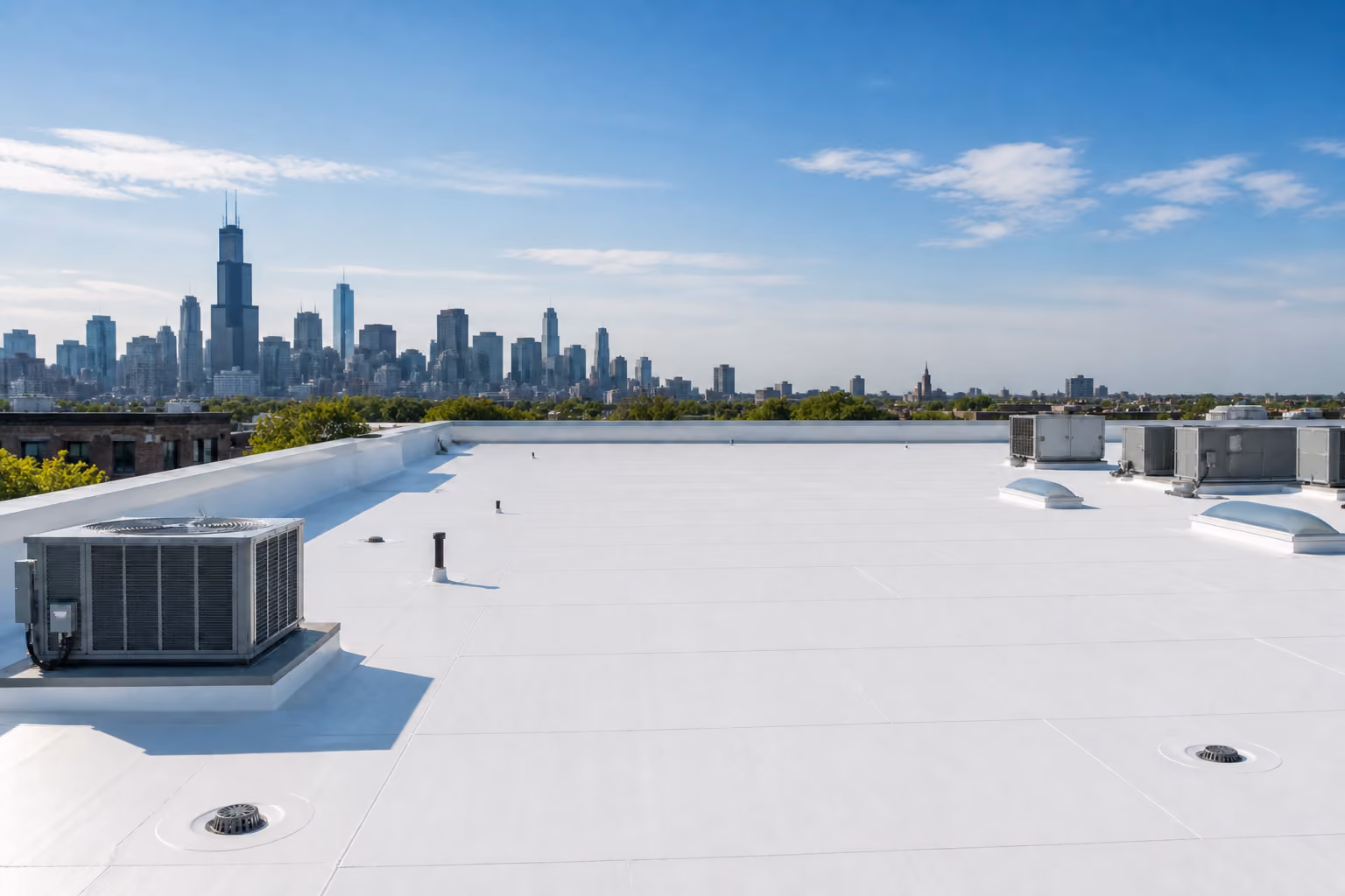 Commercial TPO roofing system with the Chicago skyline in the background.